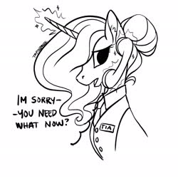 Size: 2048x2048 | Tagged: safe, artist:taytinabelle, princess celestia, alicorn, pony, g4, black and white, clothes, concerned, cute, dialogue, digital art, ear fluff, female, grayscale, hair bun, high res, lineart, magic, mare, monochrome, name tag, phone, simple background, solo, text, uniform, white background