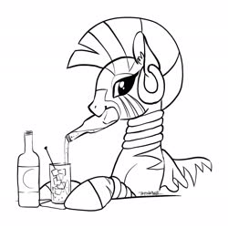 Size: 2048x2048 | Tagged: safe, artist:taytinabelle, zecora, pony, zebra, g4, alcohol, beer, black and white, cute, digital art, drink, ear fluff, female, grayscale, high res, hooves, lineart, looking at you, mare, monochrome, mouth hold, simple background, smiling, solo, table, white background, wine, zecorable