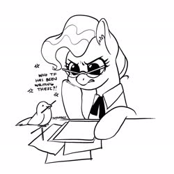 Size: 2048x2048 | Tagged: safe, artist:taytinabelle, mayor mare, bird, earth pony, pony, g4, annoyed, beak hold, black and white, clothes, cute, dialogue, digital art, ear fluff, eyebrows, female, frown, frustrated, glasses, grayscale, grumpy, high res, hoof on cheek, hooves, lineart, mare, monochrome, simple background, solo, text, uniform, white background