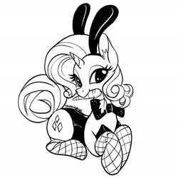 Size: 1786x1786 | Tagged: safe, artist:taytinabelle, rarity, pony, unicorn, g4, bedroom eyes, black and white, bowtie, bunny ears, bunny suit, carrot, clothes, cute, cutie mark, digital art, ear fluff, female, fishnet stockings, food, grayscale, herbivore, lineart, looking at you, mare, monochrome, mouth hold, prone, raribetes, shiny, simple background, skintight clothes, smiling, solo, stockings, sultry pose, thigh highs, white background