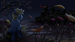 Size: 3840x2160 | Tagged: safe, artist:autumn feather, oc, oc only, oc:synthis, pegasus, pony, high res, leaves, night, solo, water