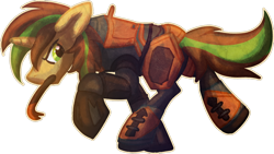 Size: 1024x576 | Tagged: safe, artist:tiothebeetle, oc, oc only, oc:rain runner, pony, unicorn, angry, armor, brown coat, brown mane, commission, crossover, crowbar, floppy ears, green mane, half-life, head down, hev suit, horn, looking back, male, metal armor, mouth hold, raised hoof, running, science fiction, simple background, single-footing, solo, transparent background, unicorn oc, weapon