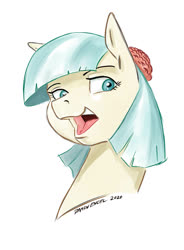 Size: 1000x1357 | Tagged: safe, artist:baron engel, coco pommel, earth pony, pony, g4, bust, female, mare, open mouth, simple background, solo, white background