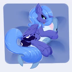 Size: 4096x4096 | Tagged: safe, artist:evlass, princess luna, alicorn, pony, g4, :p, absurd resolution, both cutie marks, cheek fluff, cute, dock, ear fluff, featureless crotch, female, leg fluff, looking at you, lunabetes, mare, plushie, profile, s1 luna, shark plushie, solo, tongue out, ych sketch