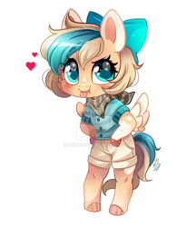 Size: 800x976 | Tagged: safe, artist:ipun, oc, oc only, oc:sun light, pegasus, semi-anthro, arm hooves, bandana, bipedal, bow, chibi, clothes, deviantart watermark, female, hair bow, heart, mare, obtrusive watermark, shorts, simple background, solo, tongue out, transparent background, watermark