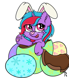 Size: 2000x2250 | Tagged: safe, artist:dawn-designs-art, oc, oc only, oc:cosmic spark, pony, unicorn, animal costume, bunny costume, bunny ears, chocolate, chocolate egg, clothes, costume, cute, digital art, easter, easter egg, food, happy, high res, holiday, simple background, solo, transparent background, waving