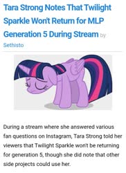 Size: 717x985 | Tagged: safe, twilight sparkle, alicorn, pony, equestria daily, g4, g5, female, mare, sad, solo, tara strong, text, twilight sparkle (alicorn)