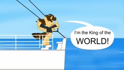 Size: 1280x720 | Tagged: safe, artist:ejlightning007arts, oc, oc only, oc:ej, alicorn, pony, alicorn oc, arms in the air, crossover, eyes closed, happy, horn, male, ocean, ocean liner, railing, ship, solo, speech bubble, stallion, titanic, wings