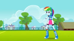 Size: 1280x720 | Tagged: safe, screencap, rainbow dash, equestria girls, equestria girls (movie), boots, clothes, compression shorts, female, shoes, skirt, solo, wristband