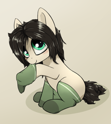 Size: 1462x1627 | Tagged: safe, artist:whiskeypanda, oc, oc only, oc:floor bored, earth pony, pony, blushing, chest fluff, clothes, female, looking up, mare, messy mane, mouth hold, neet, putting on clothing, simple background, sitting, smiling, socks, solo