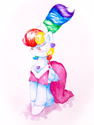 Size: 3024x4032 | Tagged: safe, artist:papersurgery, rainbow dash, pegasus, pony, g4, accessory, alternate hairstyle, blushing, clothes, dress, ear fluff, female, mare, megaradash, solo, traditional art, watercolor painting