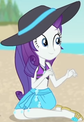 Size: 274x398 | Tagged: safe, screencap, rarity, equestria girls, equestria girls series, forgotten friendship, g4, beach, beach hat, belly button, bikini, bikini top, clothes, cropped, cute, female, forest background, geode of shielding, hat, jewelry, legs, magical geodes, midriff, necklace, ocean, outdoors, raribetes, rarity's blue sarong, rarity's purple bikini, sand, sandals, sarong, sky, smiling, solo, sun hat, swimsuit