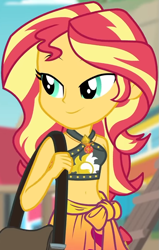 Size: 629x991 | Tagged: safe, screencap, sunset shimmer, equestria girls, equestria girls series, forgotten friendship, g4, belly button, bikini, bikini top, blurry background, cliff, clothes, cropped, cute, female, forest background, geode of empathy, jewelry, lidded eyes, magical geodes, midriff, necklace, outdoors, sarong, sexy, shimmerbetes, shoulder bag, sky, sleeveless, smiling, solo, steps, swimsuit