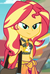 Size: 671x986 | Tagged: safe, screencap, sunset shimmer, equestria girls, equestria girls series, forgotten friendship, g4, belly button, bikini, bikini top, blurry background, cliff, clothes, cropped, cute, female, forest background, geode of empathy, jewelry, lidded eyes, magical geodes, midriff, necklace, outdoors, sarong, sexy, shimmerbetes, shoulder bag, sky, sleeveless, smiling, solo, steps, swimsuit