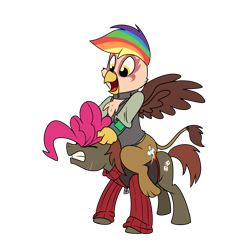 Size: 1280x1280 | Tagged: safe, artist:madmax, oc, oc only, oc:double tap, oc:paharita, griffon, pony, unicorn, fallout equestria, fallout equestria: anywhere but here, fanfic, female, male, multicolored hair, pinkie pie mane, rainbow hair, shenanigans, simple background, transparent background, wig