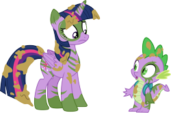 Size: 4543x3000 | Tagged: safe, artist:cloudy glow, spike, twilight sparkle, alicorn, dragon, pony, g4, the cutie re-mark, alternate timeline, backpack, chrysalis resistance timeline, female, male, messy, mud, simple background, transparent background, tribal, tribal markings, twilight sparkle (alicorn), vector