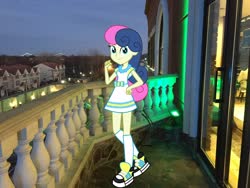 Size: 2048x1536 | Tagged: safe, artist:razethebeast, artist:topsangtheman, bon bon, sweetie drops, equestria girls, g4, balcony, equestria girls in real life, irl, looking at you, night, photo, ponies in real life, shoes, sneakers, spa castle