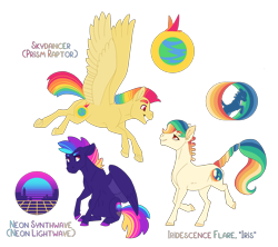 Size: 3311x2944 | Tagged: safe, artist:jackiebloom, oc, oc only, oc:iridescence flare, oc:neon synthwave, oc:skydancer, earth pony, pegasus, pony, braided tail, button braids, colored hooves, cutie mark, female, high res, magical lesbian spawn, mare, multicolored hair, nonbinary, offspring, parent:rainbow dash, parent:spitfire, parents:spitdash, rainbow hair, simple background, synthwave, transparent background