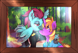 Size: 1900x1300 | Tagged: safe, artist:n0rara, oc, oc only, oc:iron wingheart, oc:quasar(wingman), hippogriff, pony, unicorn, bust, clothes, commission, forest, framed photo, gay, hoodie, interspecies, male, military uniform, oc x oc, portrait, shipping