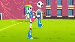 Size: 1280x720 | Tagged: safe, screencap, rainbow dash, equestria girls, equestria girls (movie), boots, clothes, compression shorts, female, shoes, skirt, solo, wristband