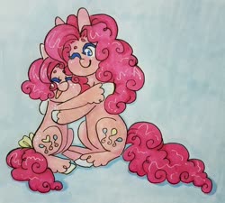 Size: 1280x1152 | Tagged: safe, artist:ask-pinkie-polkadot-pie, pinkie pie, earth pony, pony, tumblr:ask-pinkie-polkadot-pie, g4, bow, colored hooves, cute, diapinkes, duality, hug, self ponidox, tail bow, traditional art