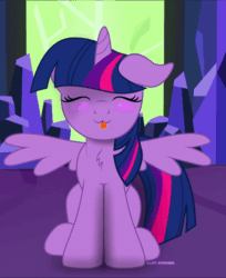 Size: 600x736 | Tagged: safe, artist:bastbrushie, part of a set, twilight sparkle, alicorn, pony, g4, :3, animated, bastbrushie is trying to kill us, blushing, castle, crystal, cute, daaaaaaaaaaaw, eyes closed, female, fluffy, front view, full face view, gif, happy, hnnng, horn, house, room, silly, silly pony, sitting, solo, tail, text, tongue out, twiabetes, twilight sparkle (alicorn)