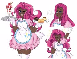 Size: 2989x2321 | Tagged: safe, artist:mscreepyplaguedoctor, pinkie pie, human, g4, alternate hairstyle, apron, cake, clothes, cute, dark skin, diapinkes, dress, eyes closed, female, food, gloves, high res, humanized, ice cream, ice cream sundae, one eye closed, open mouth, pinkamena diane pie, plate, shirt, simple background, socks, solo, stockings, sundae, thigh highs, white background, wink