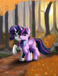 Size: 2300x3000 | Tagged: safe, artist:sadtrooper, rarity, twilight sparkle, alicorn, pony, unicorn, g4, autumn, clothes, cute, female, forest, high res, leaves, lesbian, mare, painting, scarf, ship:rarilight, shipping, smiling, tree, twilight sparkle (alicorn)