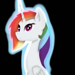 Size: 1000x1000 | Tagged: safe, artist:asiandra dash, oc, oc only, oc:rainbowrio, alicorn, pony, alicorn oc, black background, horn, looking at you, multicolored hair, o.o, rainbow hair, simple background, solo, wings