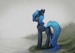 Size: 2857x2000 | Tagged: safe, artist:koviry, oc, oc only, oc:noctis, earth pony, pony, concave belly, high res, long tail, rain, slender, solo, tail, thin
