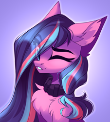 Size: 2100x2324 | Tagged: safe, artist:airiniblock, oc, oc only, oc:serenity pond, earth pony, pony, rcf community, bust, chest fluff, collar, commission, ear fluff, earth pony oc, eye clipping through hair, eyebrows, eyebrows visible through hair, female, grin, high res, looking at you, mare, multicolored hair, one eye closed, portrait, purple background, simple background, smiling, smiling at you, solo, wink, winking at you
