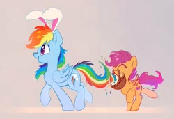 Size: 4096x2805 | Tagged: safe, artist:taneysha, rainbow dash, scootaloo, pegasus, pony, g4, basket, bunny ears, chest fluff, cute, cutealoo, dashabetes, duo, ear fluff, easter, easter basket, easter bunny, easter egg, eyes closed, female, filly, high res, holiday, mare, mouth hold, open mouth, profile, scootalove, siblings, sisters