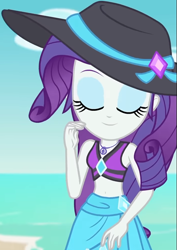 Size: 719x1018 | Tagged: safe, screencap, rarity, equestria girls, equestria girls specials, g4, my little pony equestria girls: better together, my little pony equestria girls: forgotten friendship, beach, beach hat, belly button, bikini, bikini top, clothes, cloud, cropped, cute, diamond, eyes closed, female, geode of shielding, hat, jewelry, magical geodes, midriff, necklace, ocean, outdoors, raribetes, rarity's blue sarong, rarity's purple bikini, sand, sarong, sexy, sky, sleeveless, smiling, solo, sun hat, swimsuit