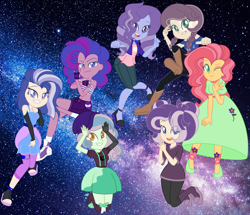 Size: 3088x2656 | Tagged: safe, artist:californsaishi001, oc, oc:angelina, oc:astral sunlight, oc:aurora, oc:candy milkshake, oc:mystic moon, oc:strawberry chantilly, oc:velvet prism, equestria girls, g4, anklet, arm warmers, bare shoulders, base used, belly button, boots, clothes, crossed arms, devil horn (gesture), dress, female, fingerless gloves, gloves, hands together, high heel boots, high res, jacket, leggings, looking at you, magical lesbian spawn, midriff, next generation, offspring, one eye closed, pants, parent:applejack, parent:big macintosh, parent:bon bon, parent:flash sentry, parent:fluttershy, parent:lyra heartstrings, parent:pinkie pie, parent:rainbow dash, parent:rarity, parent:starlight glimmer, parent:sunset shimmer, parent:trixie, parent:twilight sparkle, parents:flashlight, parents:fluttermac, parents:lyrabon, parents:pinkiedash, parents:rarijack, parents:startrix, parents:sunsetsparkle, robotic arm, sandals, shirt, shoes, short shirt, shorts, skirt, sleeveless, sneakers, space, suspenders, tank top, waving, wink