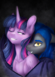 Size: 2160x3013 | Tagged: safe, artist:doekitty, twilight sparkle, oc, oc:midnight wind, alicorn, bat pony, pony, bust, canon x oc, fanfic, fanfic art, fanfic cover, fangs, female, high res, male, mare, portrait, stallion, twilight sparkle (alicorn)