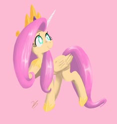 Size: 867x922 | Tagged: safe, artist:vreshkashowers, fluttershy, pegasus, pony, g4, cosplay, costume, fake horn, female, folded wings, hoof on chest, hoof shoes, jewelry, looking away, looking up, mare, painting, pink background, raised hoof, regalia, shylestia, simple background, smiling, solo, standing, three quarter view, turned head, wings