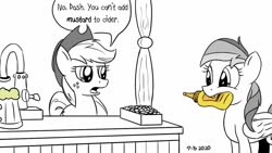 Size: 1200x675 | Tagged: safe, artist:pony-berserker, applejack, rainbow dash, earth pony, pegasus, pony, pony-berserker's twitter sketches, g4, bits, cider, faucet, female, food, grayscale, halftone, mare, monochrome, mouth hold, mustard, partial color, rainbow mustard, sauce, simple background, speech bubble, that pony sure does love mustard, white background