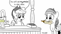 Size: 1200x675 | Tagged: safe, alternate version, artist:pony-berserker, applejack, rainbow dash, earth pony, pegasus, pony, pony-berserker's twitter sketches, g4, female, food, grayscale, halftone, mare, mayonnaise, monochrome, mouth hold, partial color, sauce, simple background, speech bubble, white background