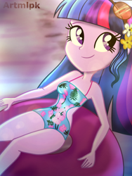 Size: 1536x2048 | Tagged: safe, artist:artmlpk, sci-twi, twilight sparkle, equestria girls, g4, adorable face, adorasexy, adorkable, alternate design, alternate hairstyle, beautiful, clothes, cute, dork, female, floaty, flower, flower in hair, hair, inflatable, inner tube, looking up, one-piece swimsuit, open-back swimsuit, outfit, pool party, smiling, solo, sun, sunglasses, swimming pool, swimsuit
