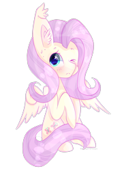 Size: 1456x2028 | Tagged: safe, artist:haiiro-ko, fluttershy, pegasus, pony, g4, blushing, cute, ear fluff, ear tufts, female, looking at you, mare, one eye closed, shyabetes, simple background, sitting, solo, spread wings, three quarter view, transparent background, wings
