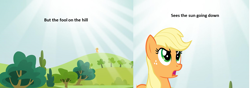 Size: 1279x448 | Tagged: safe, applejack, earth pony, pony, g4, hill, photo, song reference, sun, text, the beatles, the fool on the hill