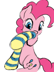 Size: 750x1000 | Tagged: safe, artist:stink111, color edit, edit, editor:vedont, pinkie pie, earth pony, pony, g4, animated, clothes, colored, cute, diapinkes, dressing, female, frame by frame, gif, looking at you, mare, mouth hold, sitting, smiling, sock pulling, socks, solo, striped socks