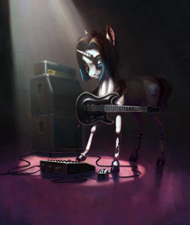Size: 2029x2408 | Tagged: safe, artist:nemo2d, artist:skyaircobra, oc, oc only, pony, unicorn, amplifier, collaboration, ear piercing, earring, frown, guitar, high res, jewelry, looking down, musical instrument, piercing, solo, speaker
