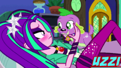 Size: 800x450 | Tagged: safe, artist:uzzi-ponydubberx, aria blaze, sonata dusk, spike, dog, equestria girls, g4, animated, ariaspike, bestiality, caught, disguise, disguised siren, female, gif, i've seen some shit, interspecies, kiss on the lips, kissing, spike gets all the equestria girls, spike the dog