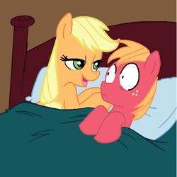 Size: 500x499 | Tagged: safe, artist:jcking101, artist:madmax, edit, edited edit, editor:rozyfly10, applejack, big macintosh, earth pony, pony, g4, aftersex, applecest, bed, bedroom, bedroom eyes, brother and sister, female, incest, male, mare, pillow, ship:applemac, shipping, siblings, stallion