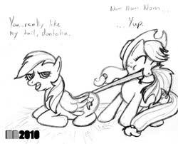 Size: 649x525 | Tagged: safe, artist:hentaiboy, applejack, rainbow dash, earth pony, pegasus, pony, g4, 2010, applejack's hat, artifact, biting, cowboy hat, cute, dialogue, duo, duo female, eyes closed, female, folded wings, freckles, grayscale, hat, lesbian, mare, monochrome, nom, open mouth, prone, pulling, rainbow dash is not amused, ship:appledash, shipping, sketch, smiling, tail, tail bite, tail pull, traditional art, unamused, wings