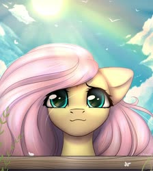 Size: 1948x2170 | Tagged: safe, artist:radioaxi, fluttershy, pegasus, pony, g4, bust, crepuscular rays, cute, female, looking at you, mare, outdoors, portrait, rainbow, shyabetes, sky, smiling, solo, sunlight, weapons-grade cute