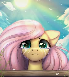 Size: 1948x2170 | Tagged: safe, alternate version, artist:radioaxi, fluttershy, pegasus, pony, g4, bust, crepuscular rays, crying, cute, female, looking at you, mare, outdoors, portrait, rainbow, shyabetes, sky, smiling, solo, sunlight, tears of joy