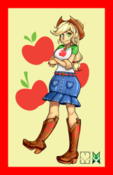 Size: 828x1280 | Tagged: safe, artist:srasomeone, part of a set, applejack, human, equestria girls, g4, apple, applejack's hat, belt, boots, breasts, busty applejack, clothes, cowboy hat, crossed arms, cutie mark background, denim skirt, female, food, geode of super strength, hair tie, hat, latex, looking at you, magical geodes, ponytail, raised foot, shiny, shirt, shoes, simple background, skirt, smiling, solo, yellow background