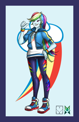 Size: 828x1280 | Tagged: safe, alternate version, artist:srasomeone, part of a set, rainbow dash, human, equestria girls, g4, blue background, clothes, converse, cutie mark, cutie mark background, cutie mark on clothes, female, hand on hip, hoodie, jacket, latex, leggings, looking offscreen, open mouth, shiny, shirt, shoes, simple background, smiling, sneakers, solo, thumbs up, wristband